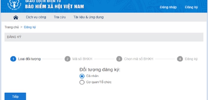 Ở trang đăng ký, bạn chọn đối tượng đăng ký là “Cá nhân” sau đó bấp “Tiếp”